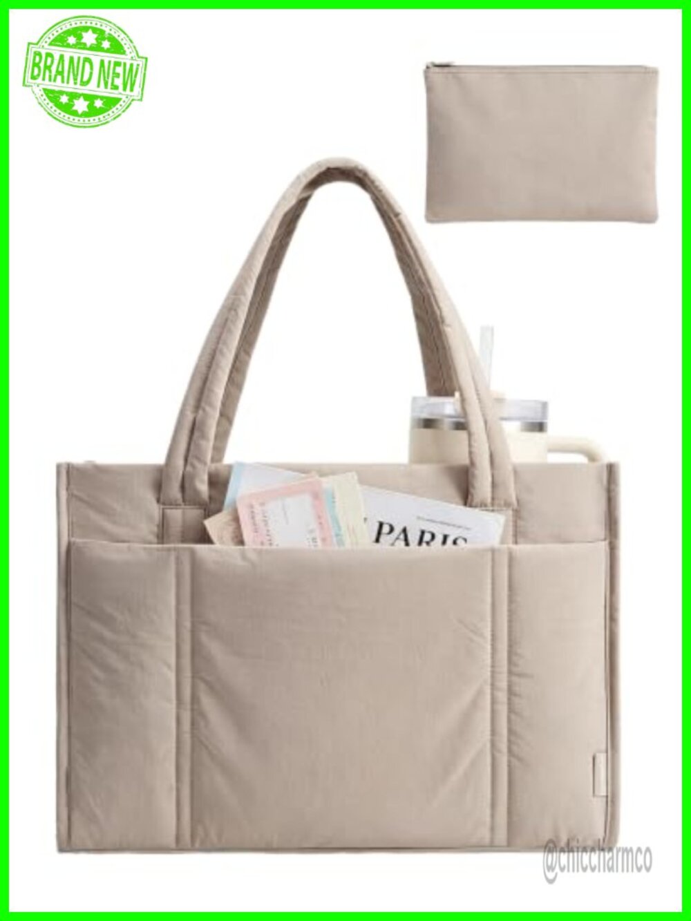 Puffer Tote Bag Lightweight 21L Laptop Tote Shoulder Handbag with Pouch